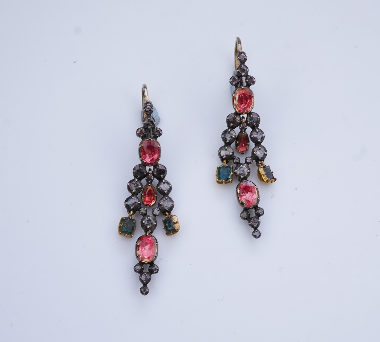A pair of emerald, topaz and diamond earrings, 19th century